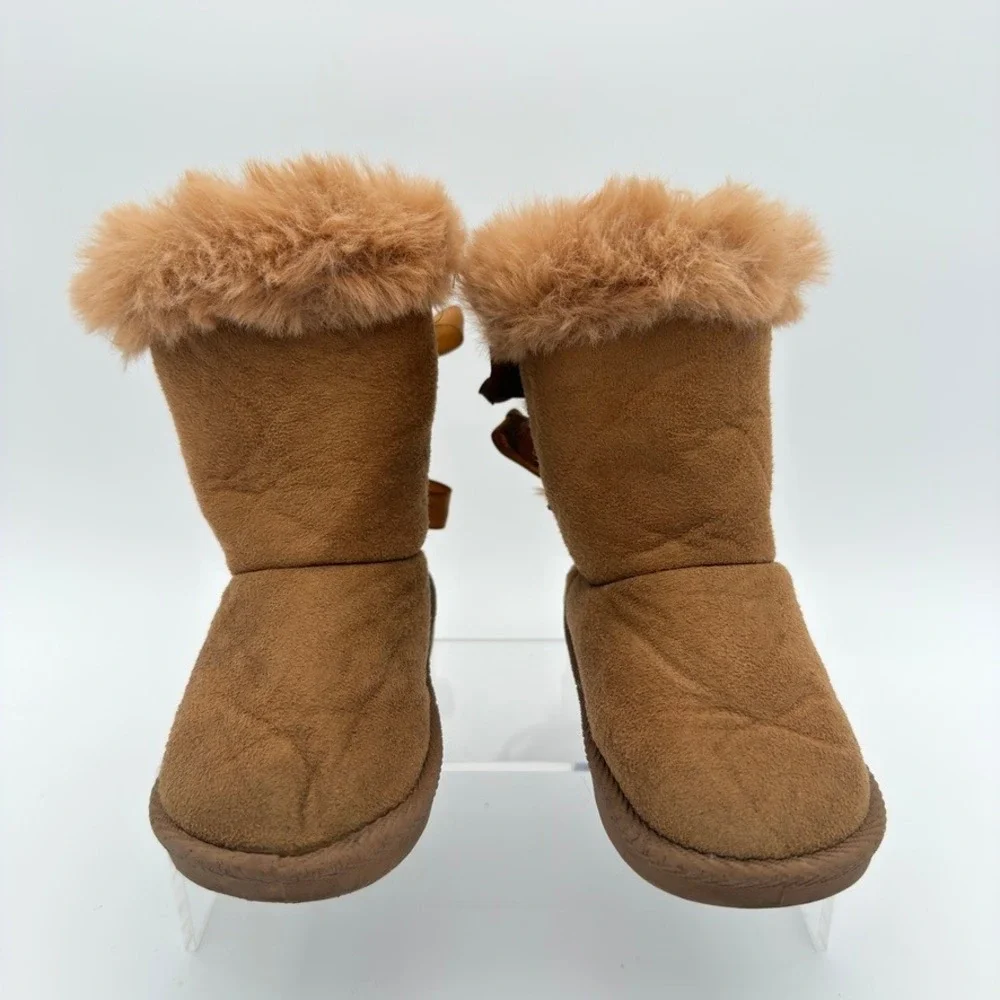 Faux Fur Winter Boots Size 8 Brown Suede Look Ribbon Tie Mid Calf